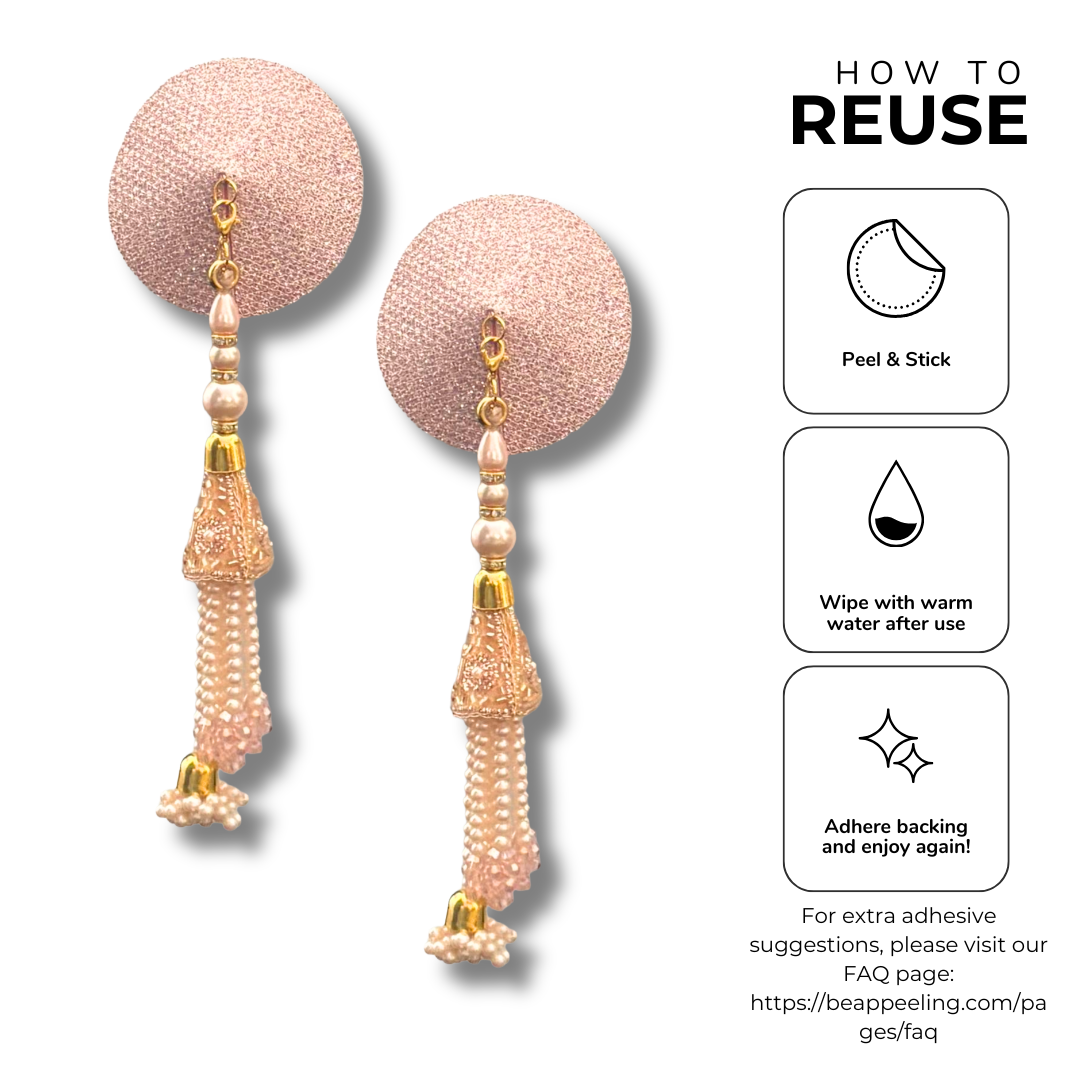 CHAMPAGNE KISS Gold Or Rose Gold Foil Nipple Pasties, Covers (2pcs) with Hand Beaded Gem Tassels (2pcs) Burlesque Lingerie Raves and Festivals Tassels Appeeling