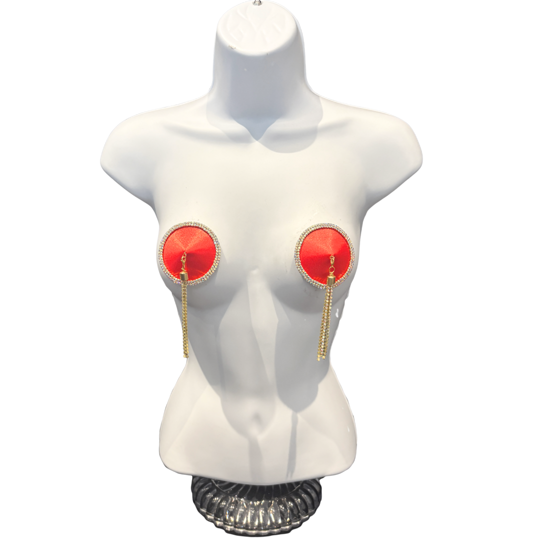 SEDUCTRESS Silk and Rhinestone Nipple Pasties, Covers with RhinestoneTassels - Red, Black, Royal Blue or Gold (2pcs)