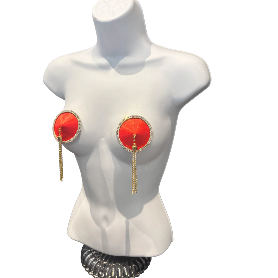 SEDUCTRESS Silk and Rhinestone Nipple Pasties, Covers with RhinestoneTassels - Red, Black, Royal Blue or Gold (2pcs)