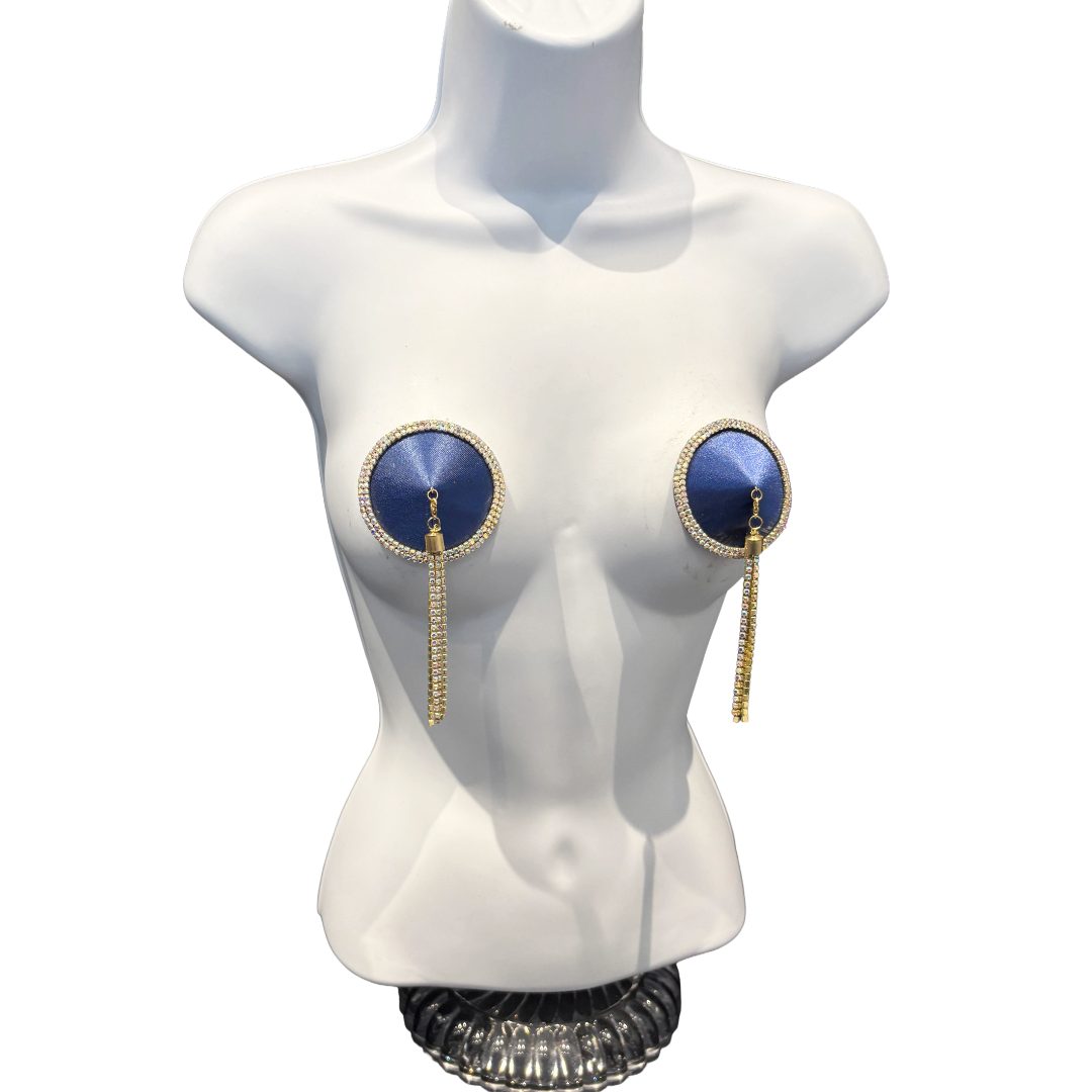 SEDUCTRESS Silk and Rhinestone Nipple Pasties, Covers with RhinestoneTassels - Red, Black, Royal Blue or Gold (2pcs)