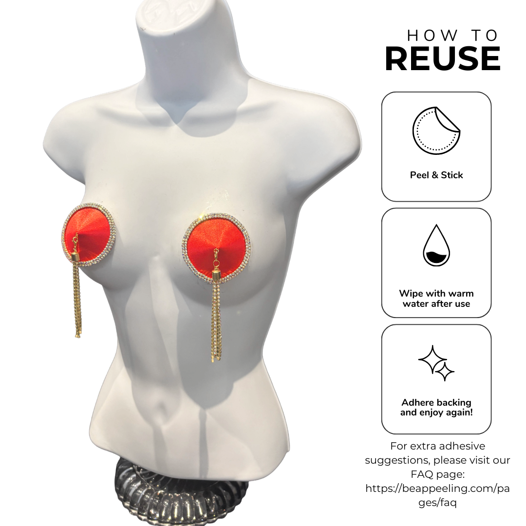 SEDUCTRESS Silk and Rhinestone Nipple Pasties, Covers with RhinestoneTassels - Red, Black, Royal Blue or Gold (2pcs)