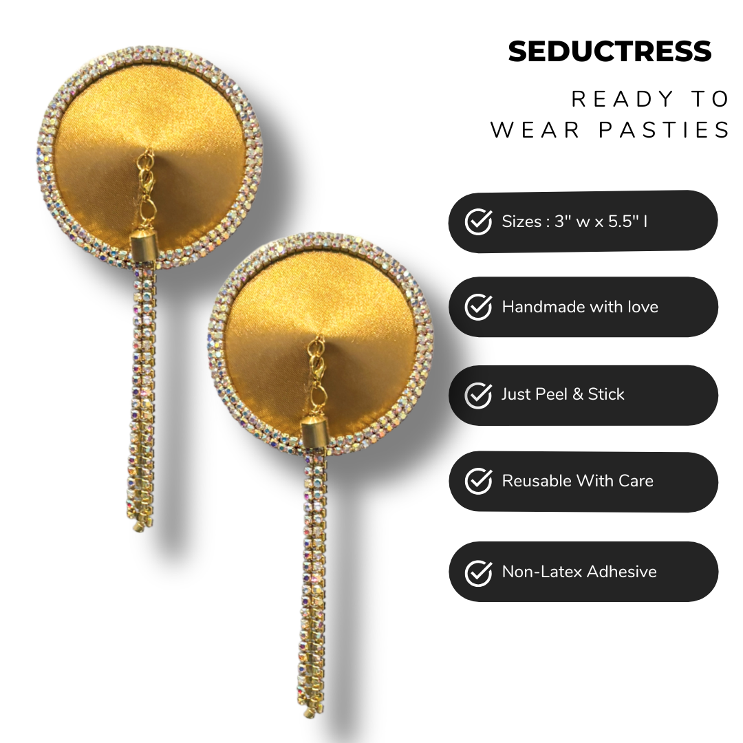 SEDUCTRESS Silk and Rhinestone Nipple Pasties, Covers with RhinestoneTassels - Red, Black, Royal Blue or Gold (2pcs)