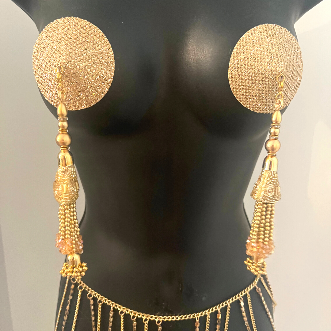 CHAMPAGNE KISS Gold Or Rose Gold Foil Nipple Pasties, Covers (2pcs) with Hand Beaded Gem Tassels (2pcs) Burlesque Lingerie Raves and Festivals Tassels Appeeling