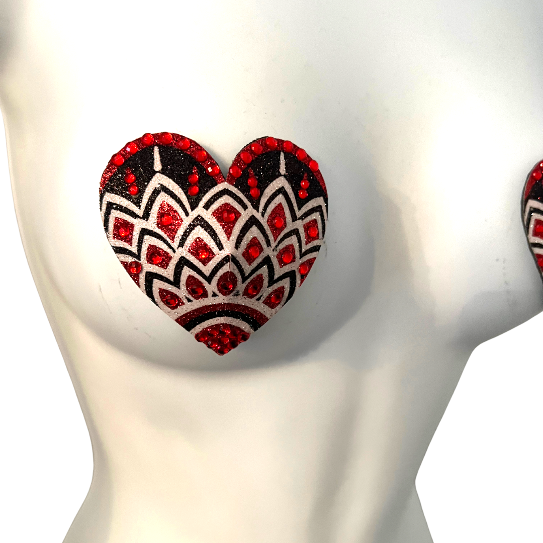 ALI ROSE Red, Black and White Mosaic Glitter Heart and Gem Nipple Pasty, Covers (2pcs) for Burlesque Lingerie Raves and Festivals