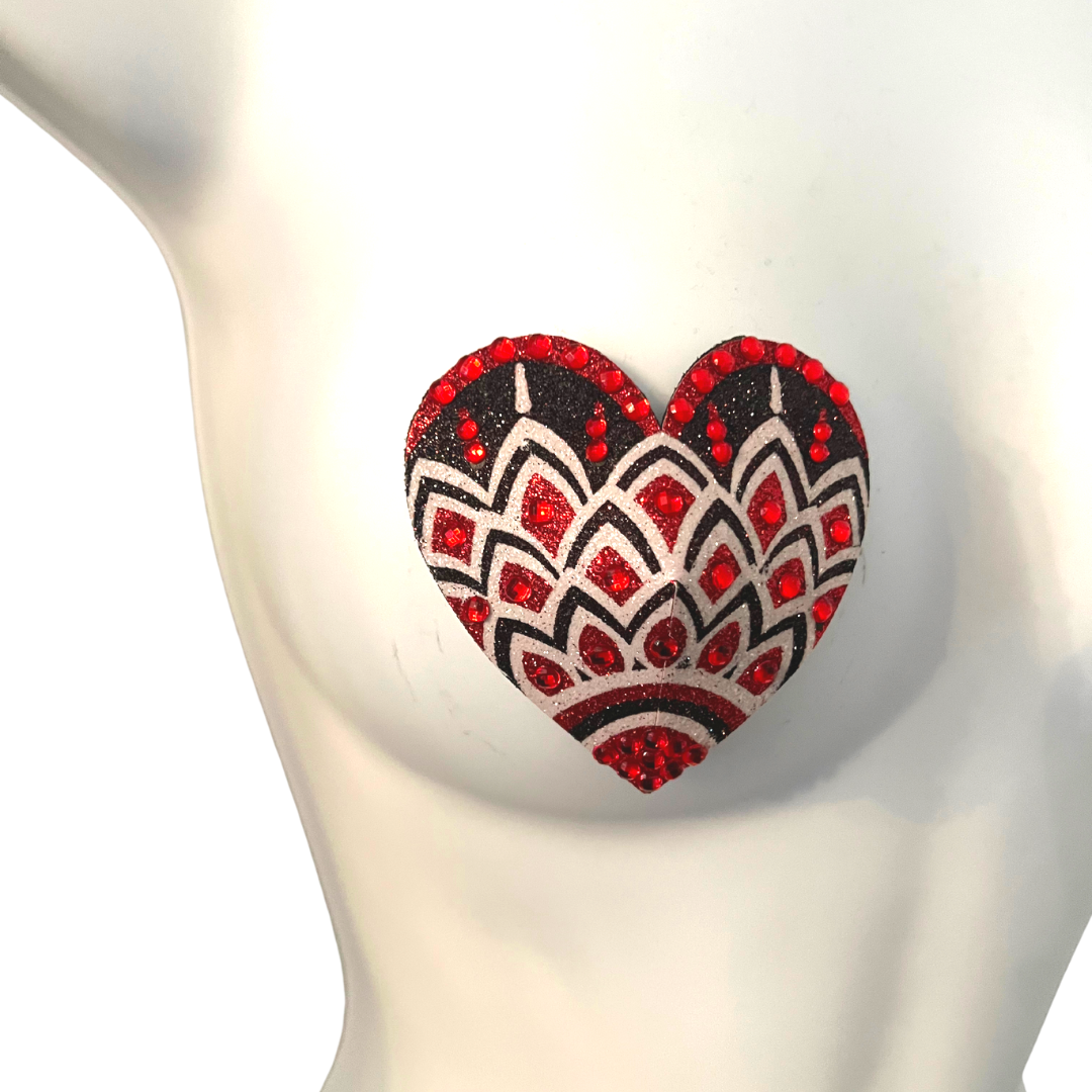 ALI ROSE Red, Black and White Mosaic Glitter Heart and Gem Nipple Pasty, Covers (2pcs) for Burlesque Lingerie Raves and Festivals