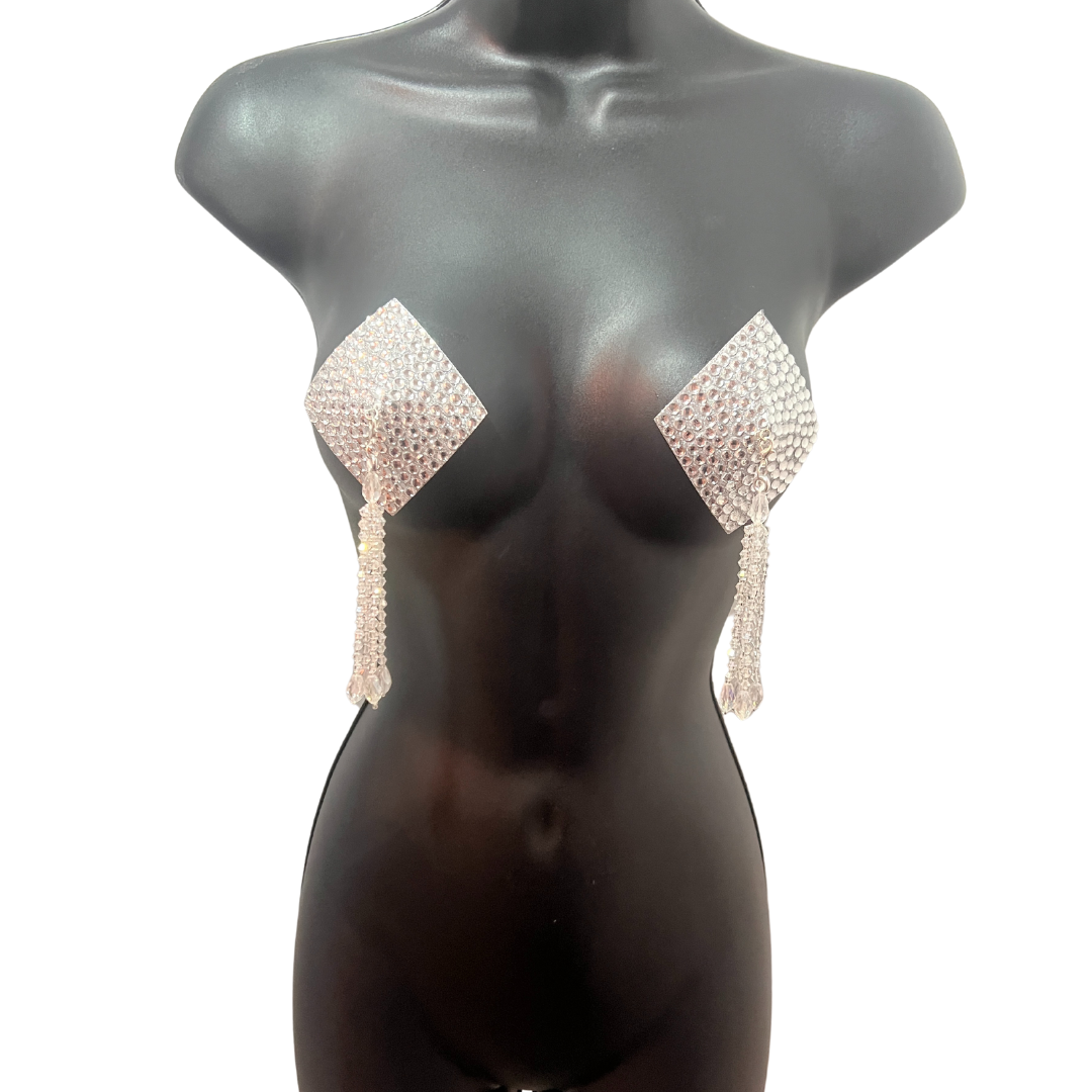 DIAMANTE Silver (5 colours!) Diamond Shape Crystal Pasties, Covers (2 PCS) with Removable Crystal and Tassels