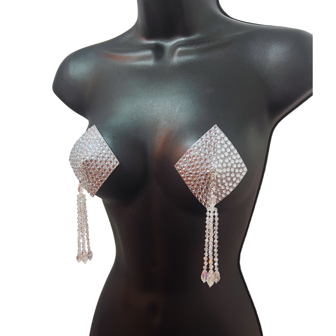 DIAMANTE Gold (5 colours!) Diamond Shape Crystal Pasties, Covers (2 PCS) with Removable Crystal and Tassels