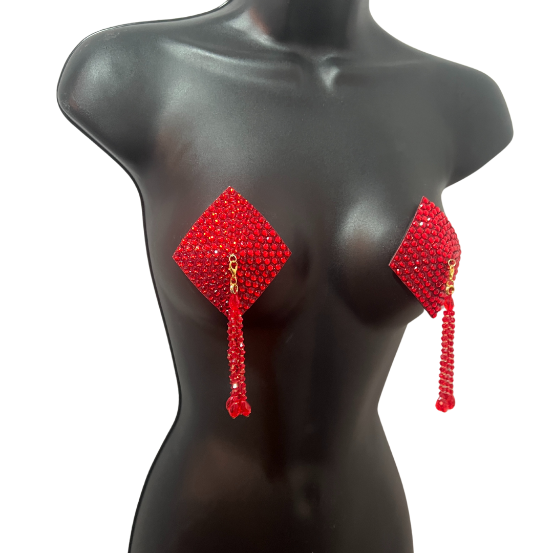 DIAMANTE RED (5 colours!) Diamond Shape Crystal Pasties, Covers (2 PCS) with Removable Crystal and Tassels