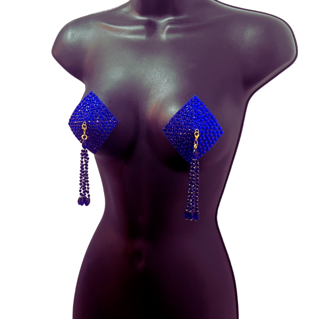 DIAMANTE Silver (5 colours!) Diamond Shape Crystal Pasties, Covers (2 PCS) with Removable Crystal and Tassels