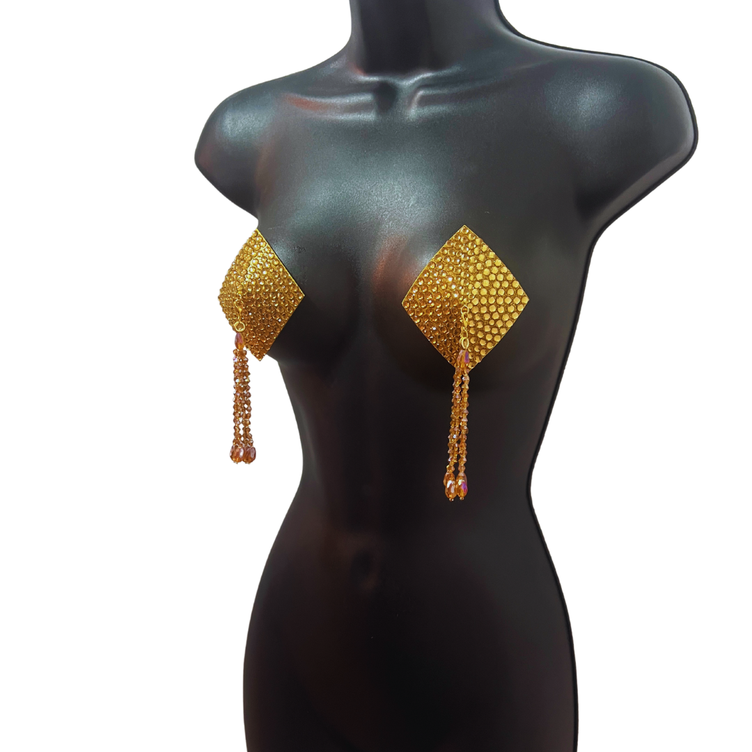 DIAMANTE Gold (5 colours!) Diamond Shape Crystal Pasties, Covers (2 PCS) with Removable Crystal and Tassels