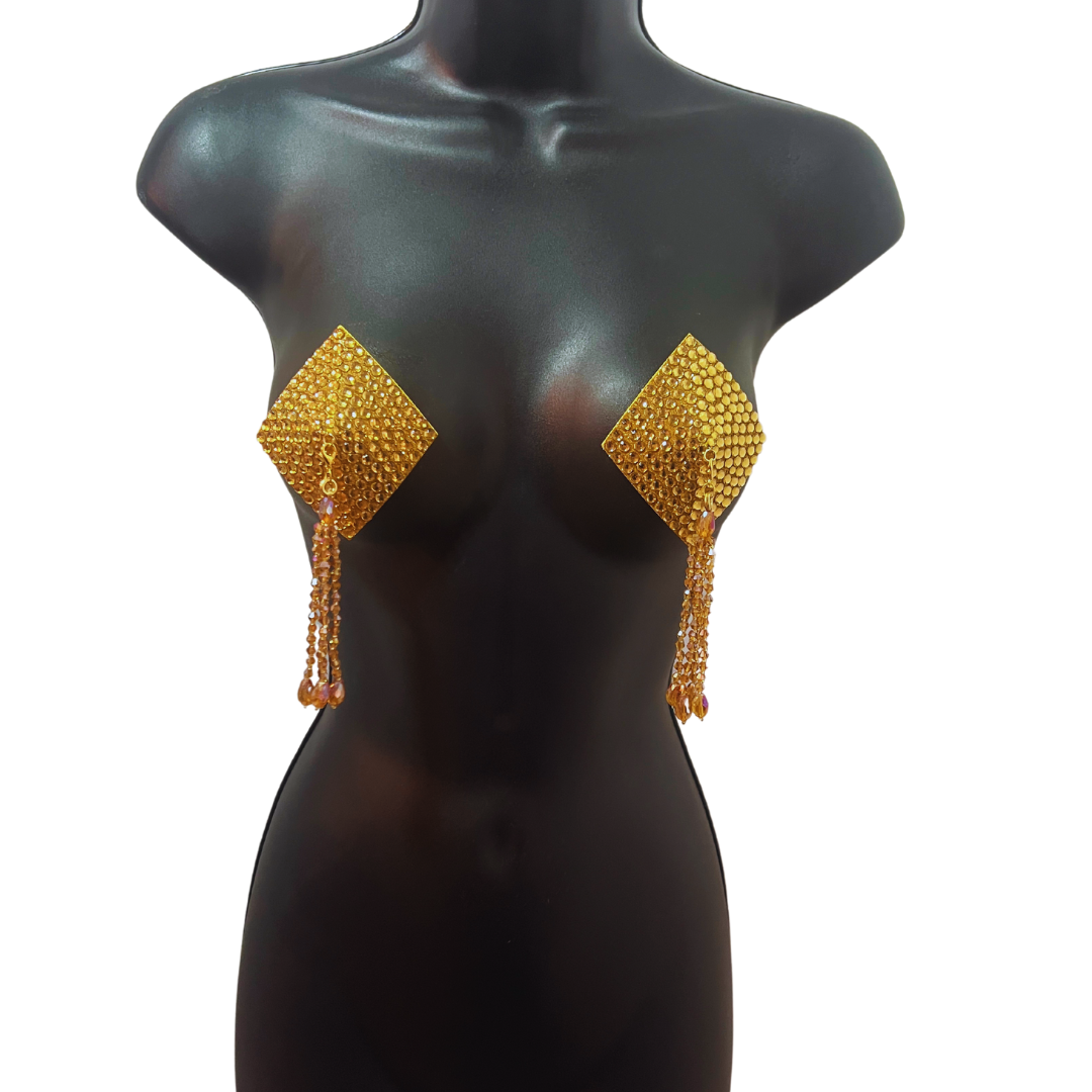 DIAMANTE Gold (5 colours!) Diamond Shape Crystal Pasties, Covers (2 PCS) with Removable Crystal and Tassels