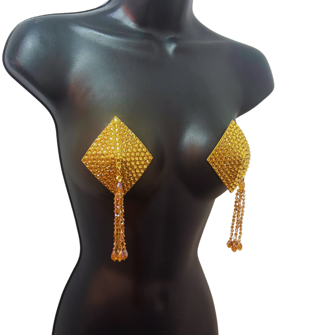 DIAMANTE Gold (5 colours!) Diamond Shape Crystal Pasties, Covers (2 PCS) with Removable Crystal and Tassels