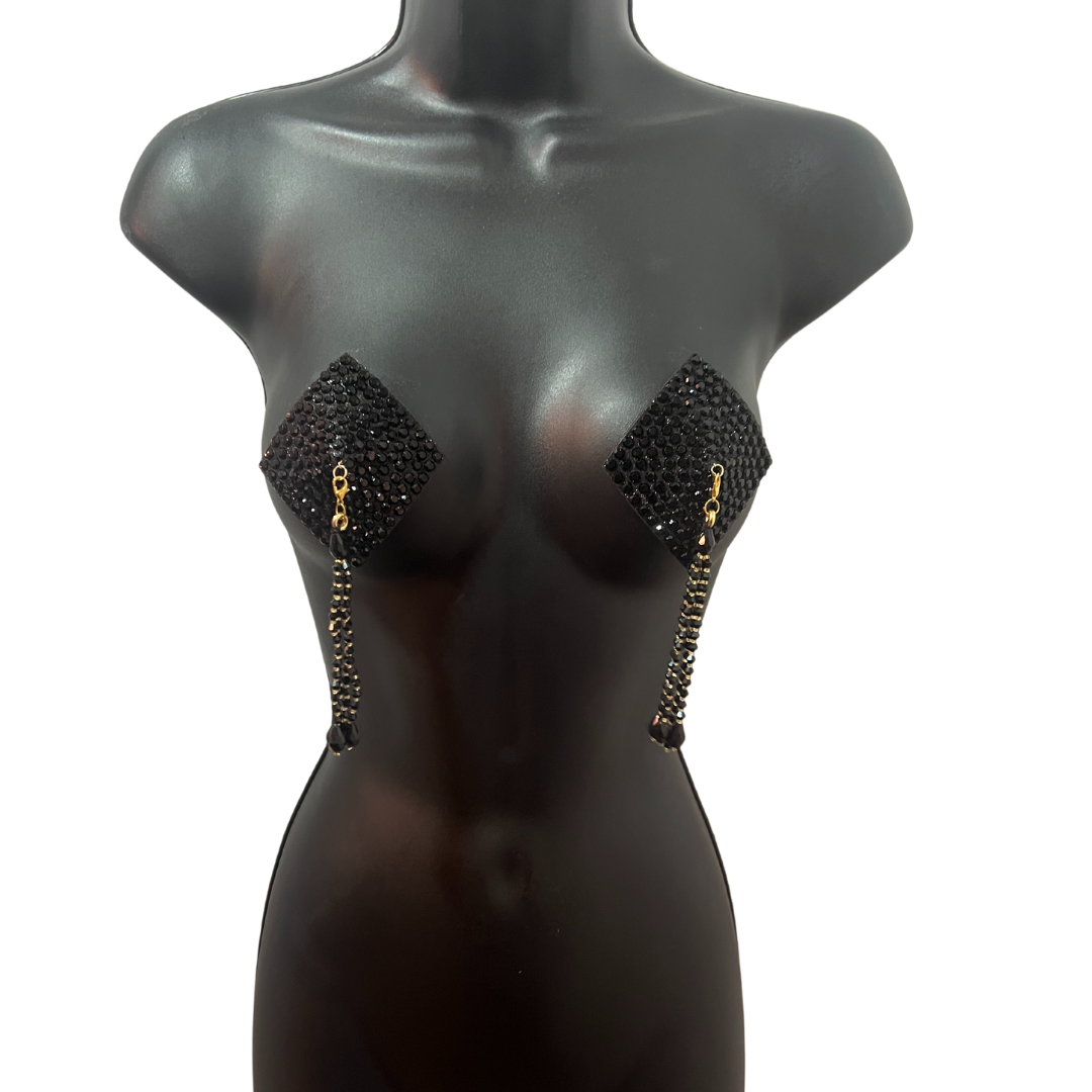 DIAMANTE Black (5 colours!) Diamond Shape Crystal Pasties, Covers (2 PCS) with Removable Crystal and Tassels
