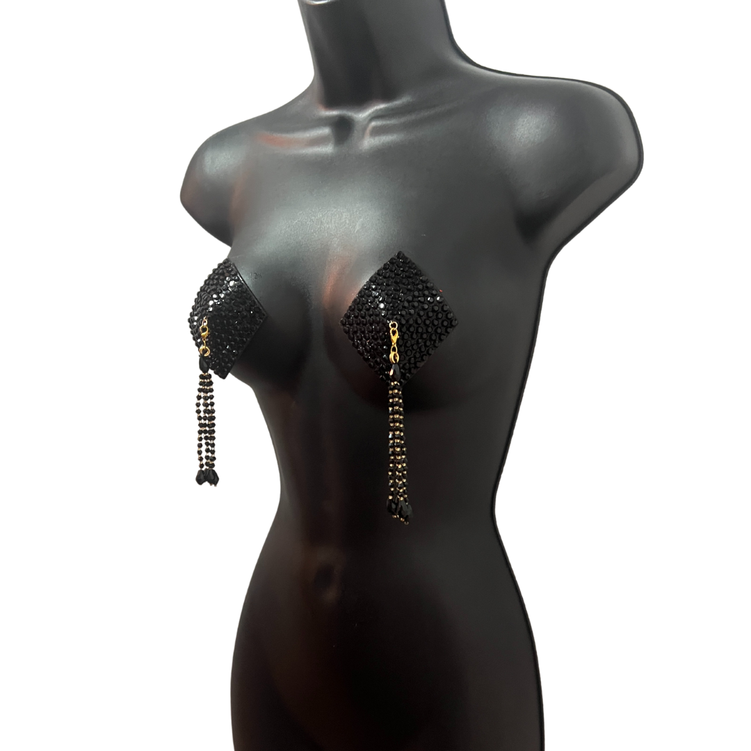 DIAMANTE Gold (5 colours!) Diamond Shape Crystal Pasties, Covers (2 PCS) with Removable Crystal and Tassels