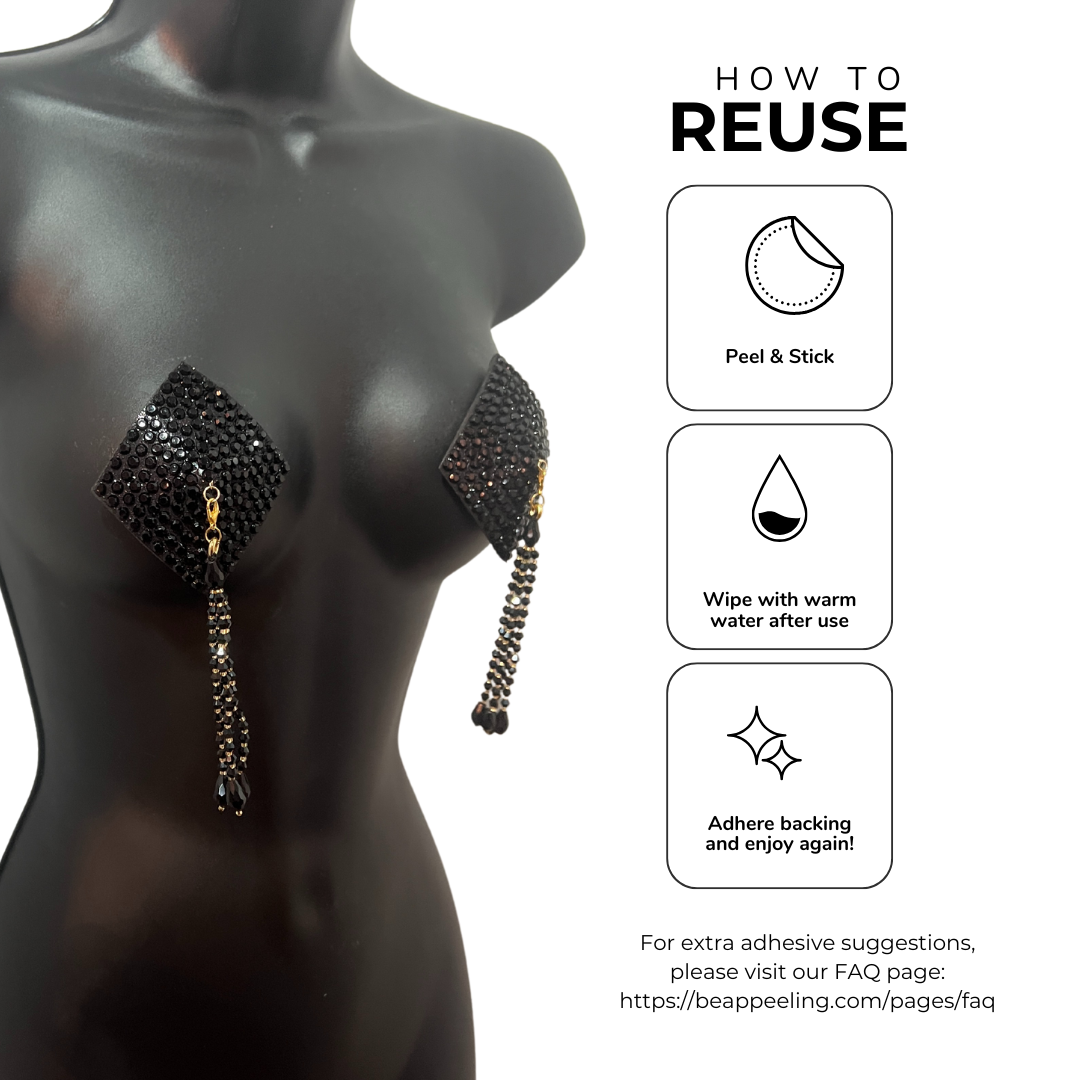 DIAMANTE Gold (5 colours!) Diamond Shape Crystal Pasties, Covers (2 PCS) with Removable Crystal and Tassels