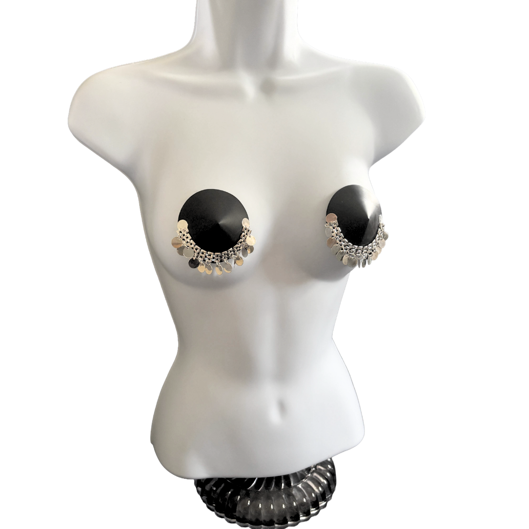 ZAHARA Faux Leather and Silver Chain Nipple Pasties, Pasty, Covers (2 PCS)