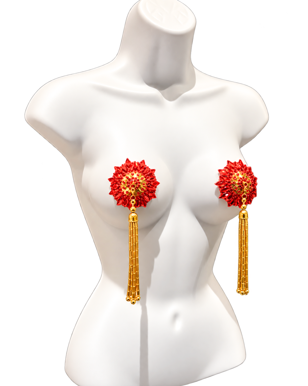 DITA VON TEESE ZORITA Red and Gold Pasties with Removable Hand-Beaded Gold Tassels (2pcs) Appeeling