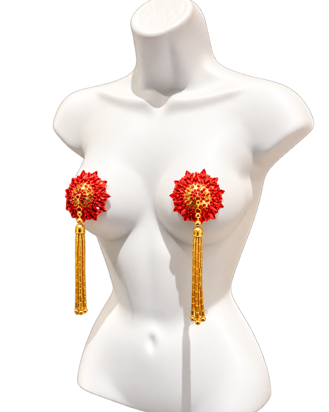 DITA VON TEESE ZORITA Red and Gold Pasties with Removable Hand-Beaded Gold Tassels (2pcs) Appeeling
