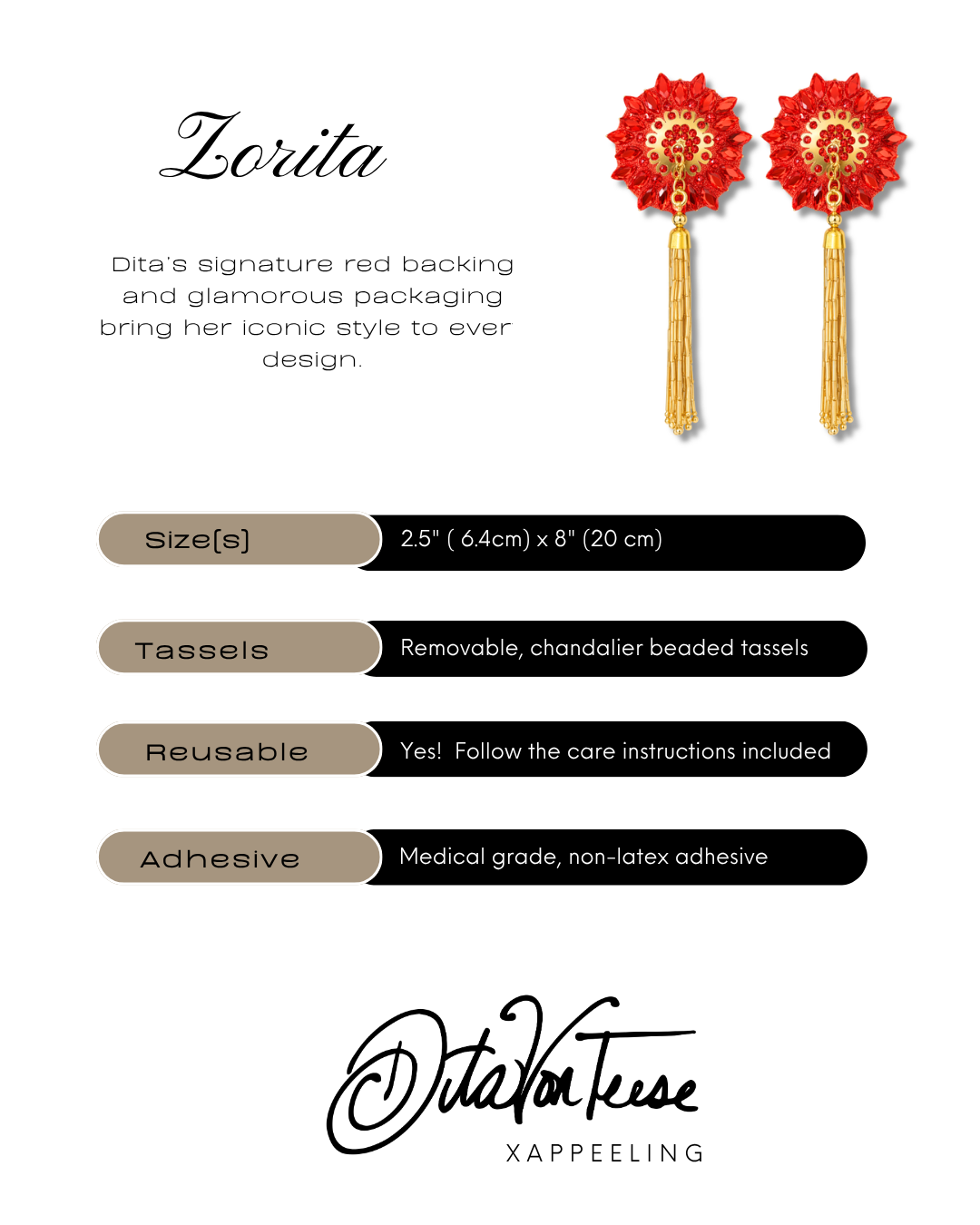 DITA VON TEESE ZORITA Red and Gold Pasties with Removable Hand-Beaded Gold Tassels (2pcs) Appeeling