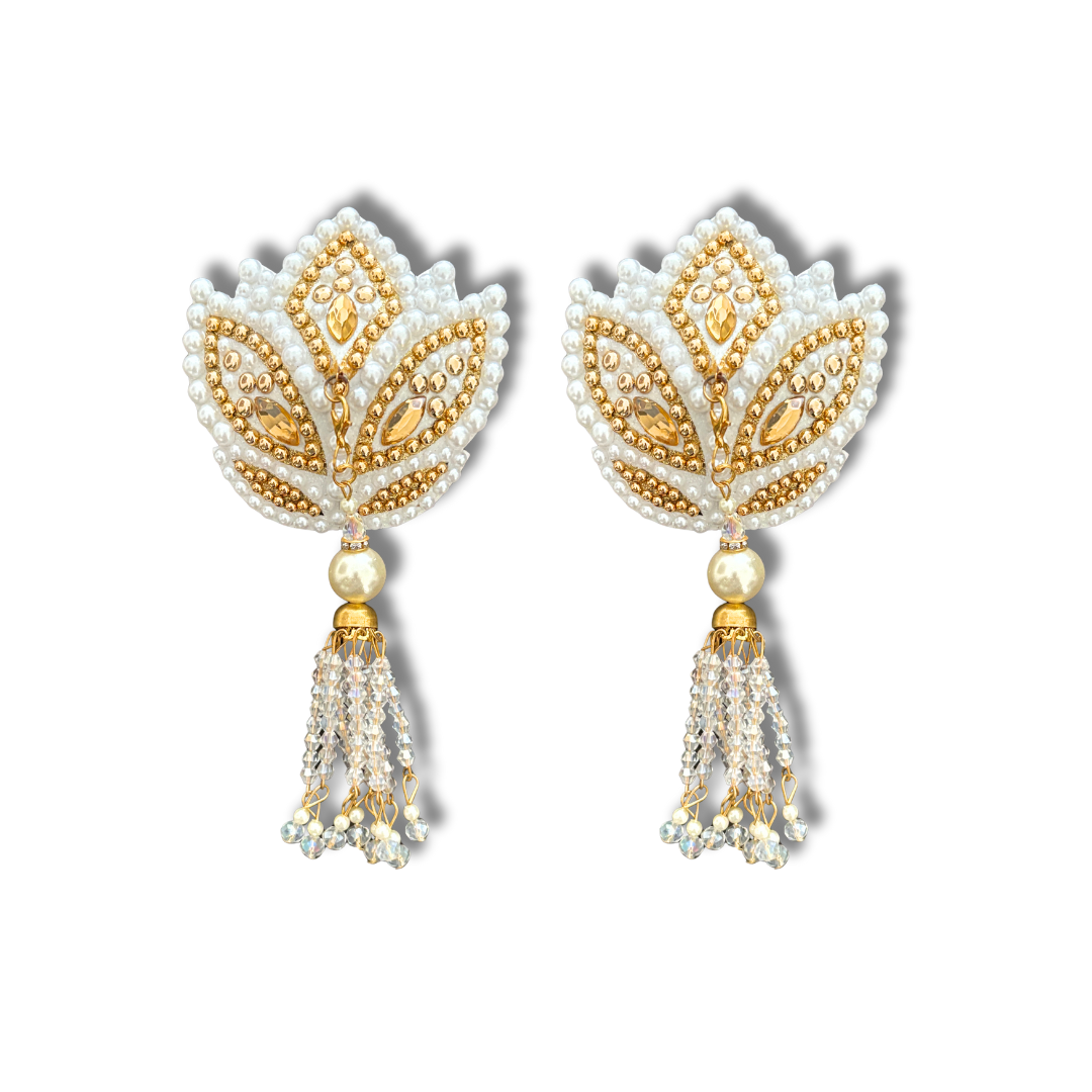 HARLOW BLOOM White and Gold Nipple Pasties, Pasty (2pcs) with Removable Tassels