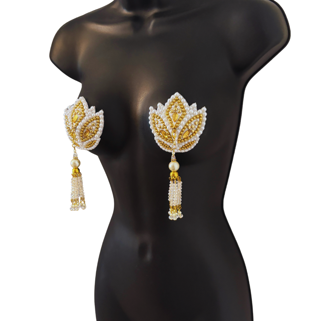 HARLOW BLOOM White and Gold Nipple Pasties, Pasty (2pcs) with Removable Tassels