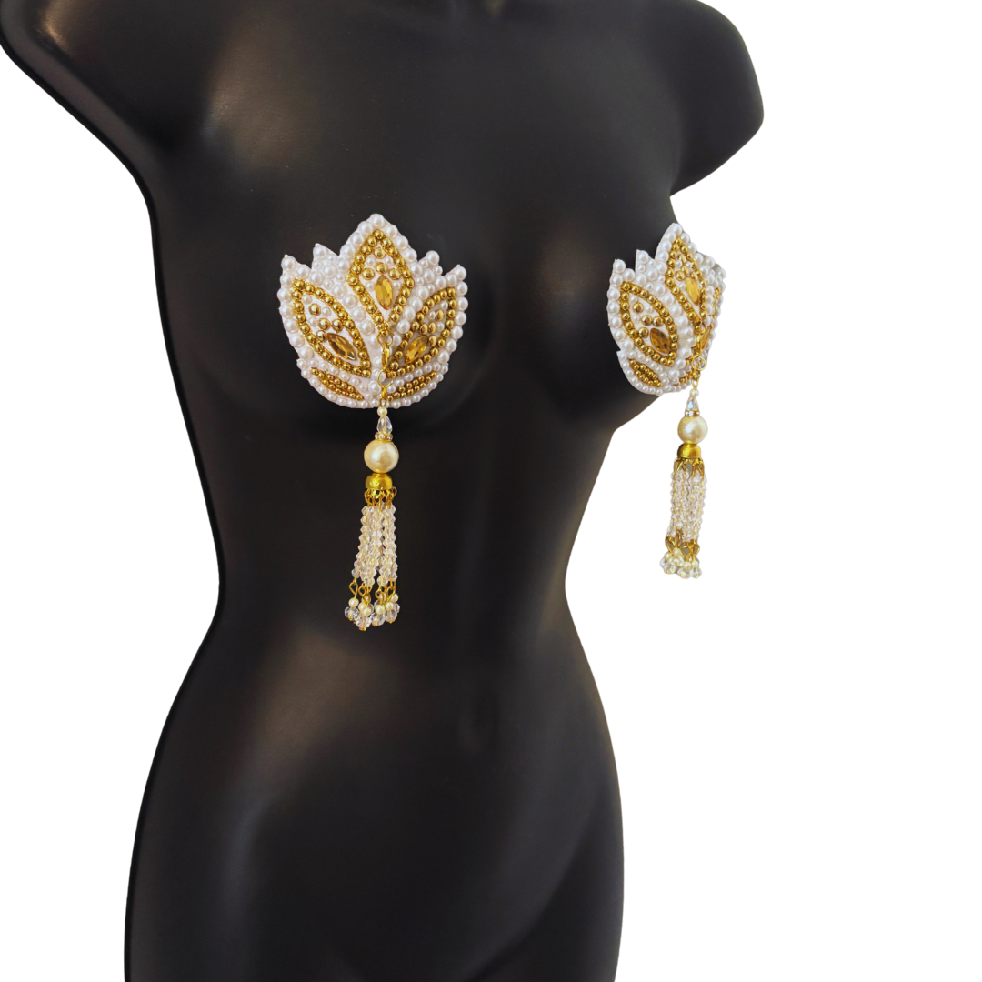 HARLOW BLOOM White and Gold Nipple Pasties, Pasty (2pcs) with Removable Tassels