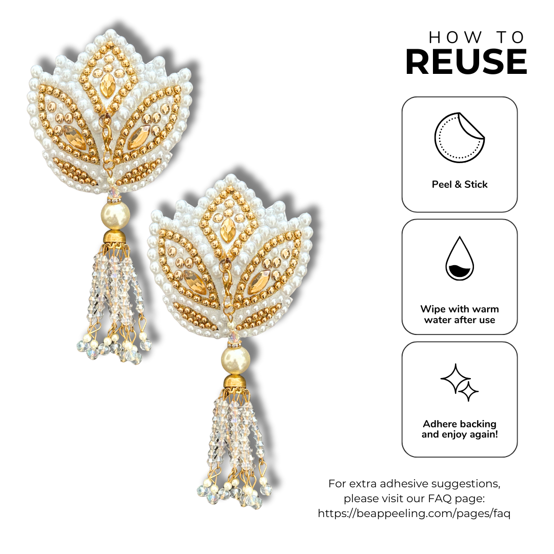 HARLOW BLOOM White and Gold Nipple Pasties, Pasty (2pcs) with Removable Tassels