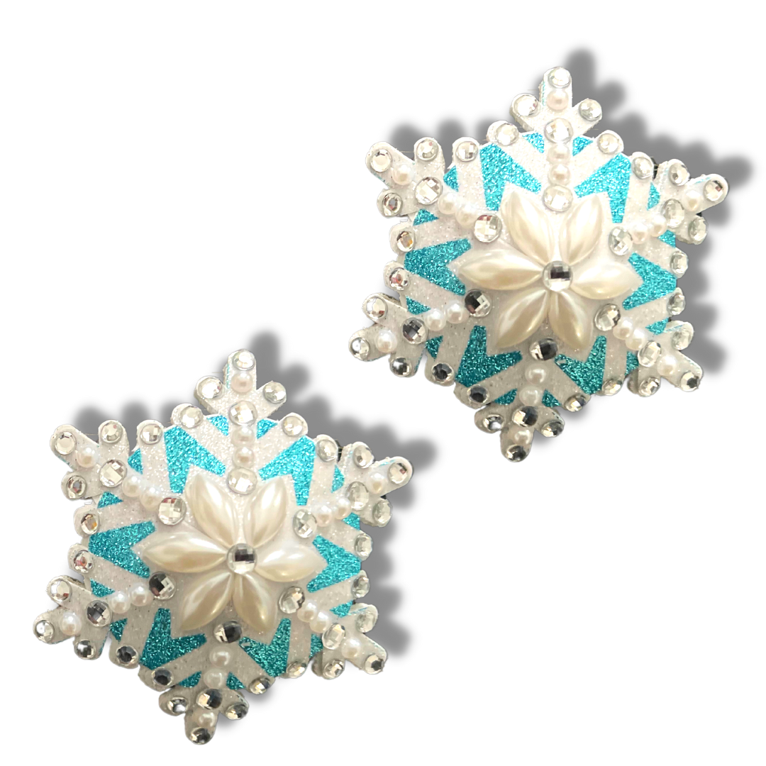 SNOW BUNNY Blue & White Snowflake Pearl and Gem Nipple Pasties, Pasty (2pcs) (2pcs) Burlesque Lingerie Raves and Festivals
