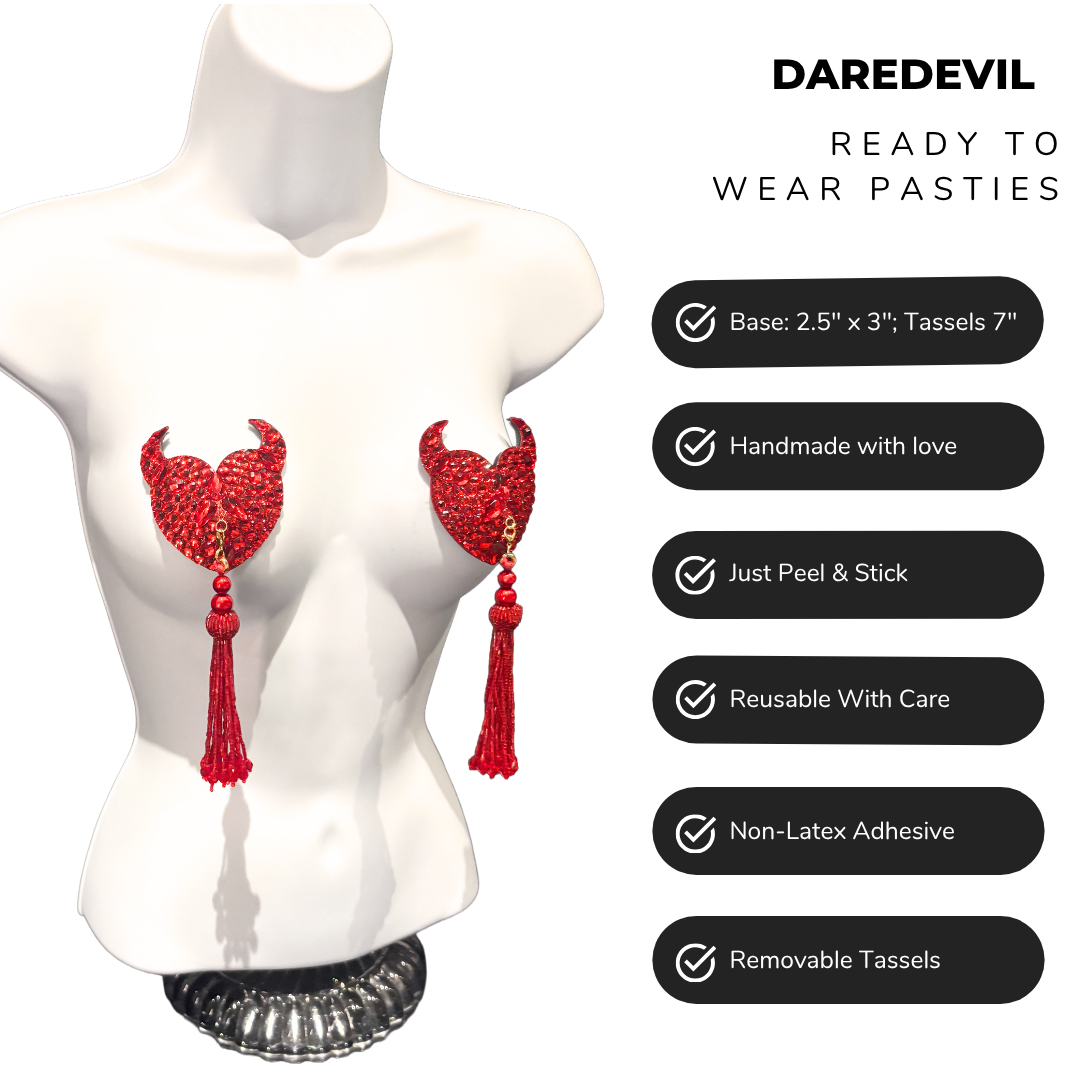 DAREDEVIL Red Devil Hearts Pasties, Nipple Covers (2pcs) with Removable Tassels