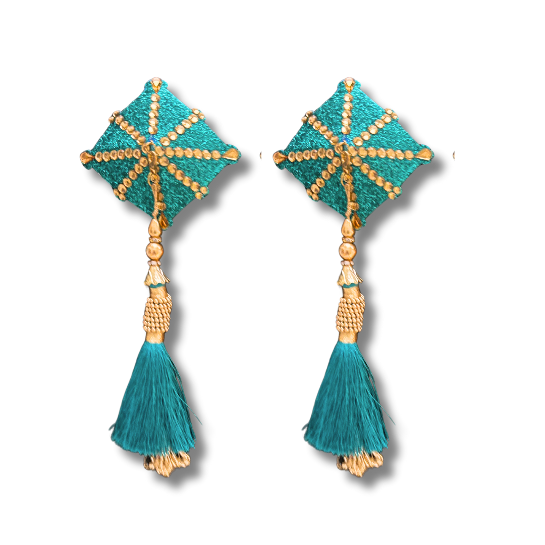 Cache-tétons CELESTE en forme de diamant bleu sarcelle et or, couvre-tétons avec pompons amovibles (2 pièces)