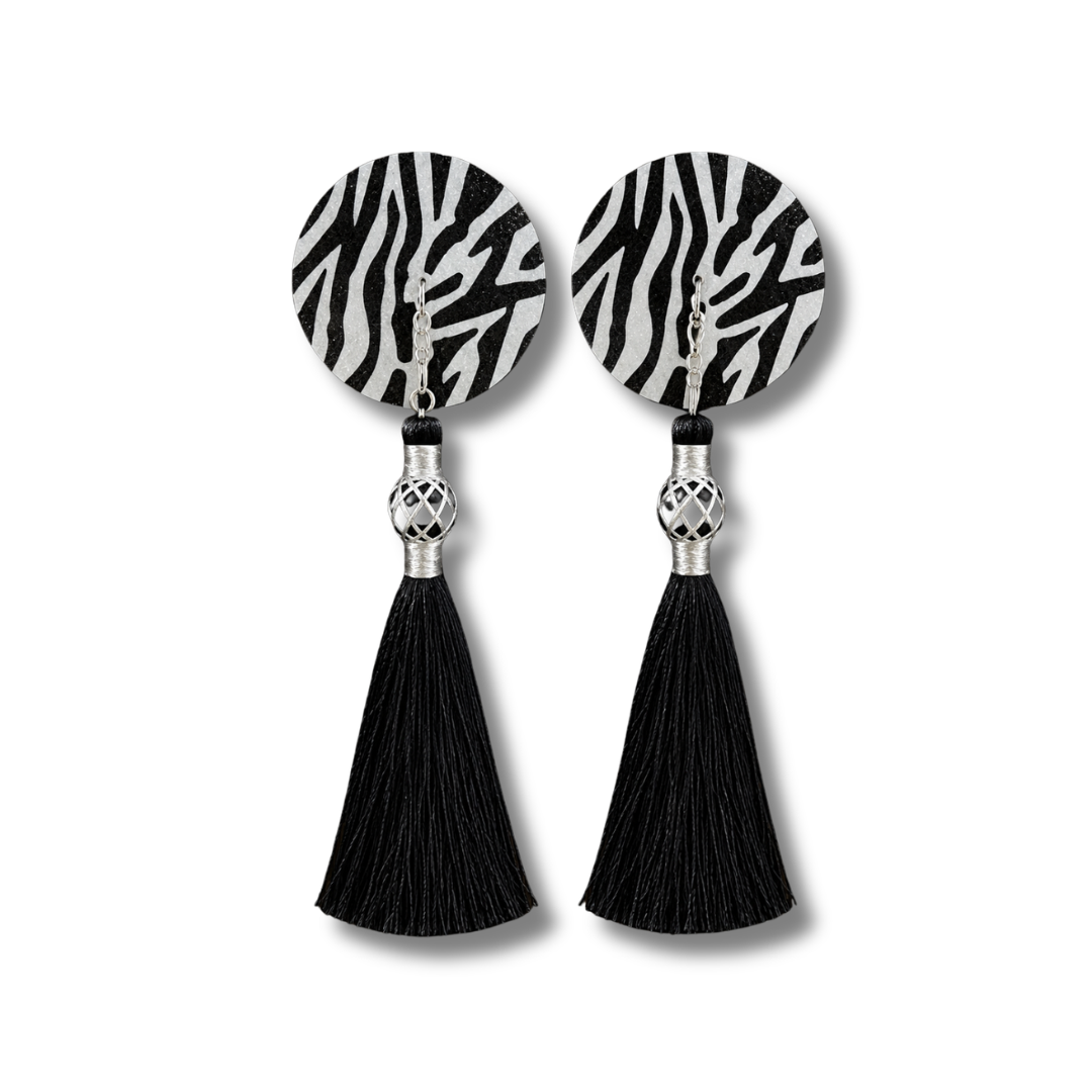 DAZZLE Zebra Glitter Nipple Pasties, Pasty (2pcs) - With Removable Black or Red Tassels Appeeling black