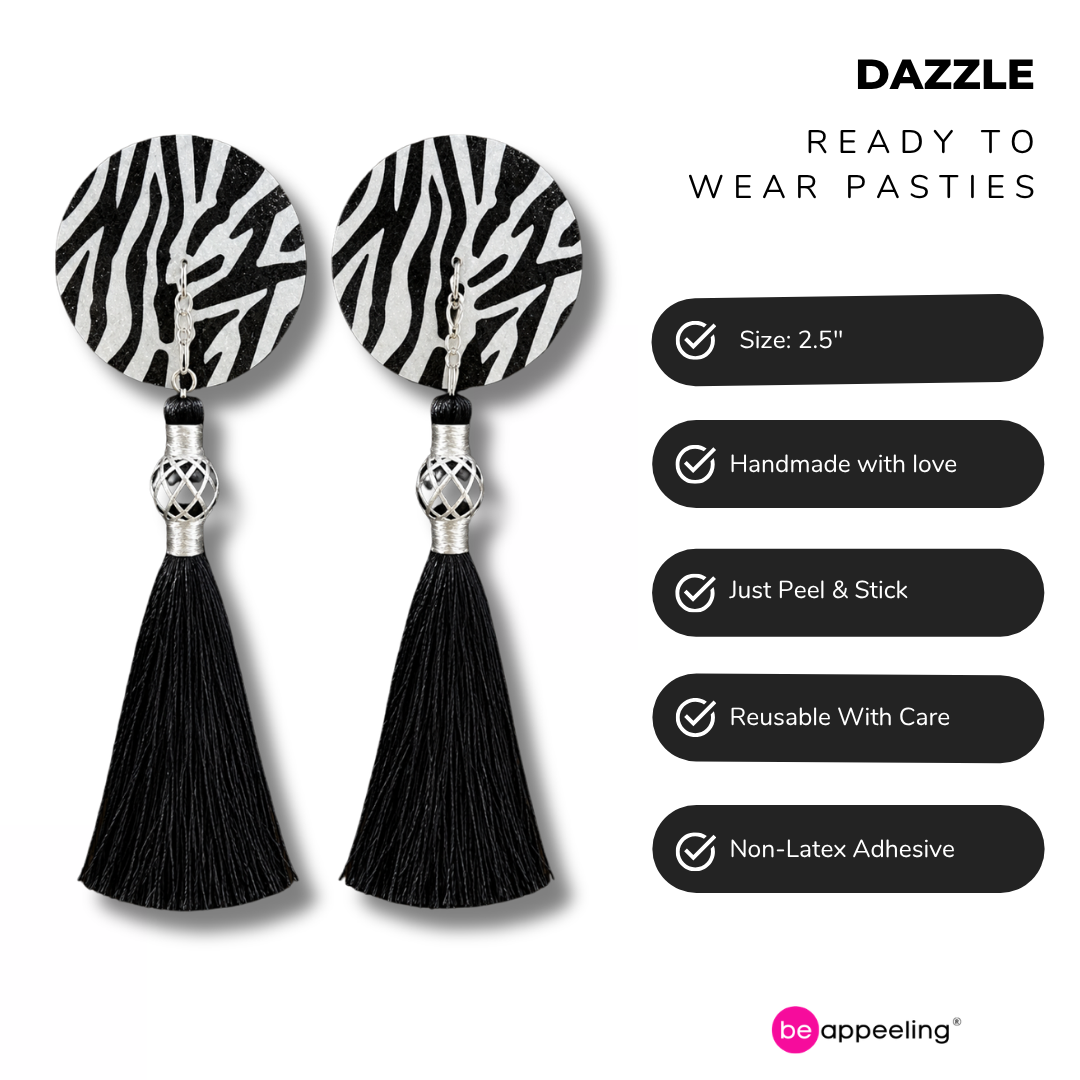 DAZZLE Zebra Glitter Nipple Pasties, Pasty (2pcs) - With Removable Black or Red Tassels Appeeling