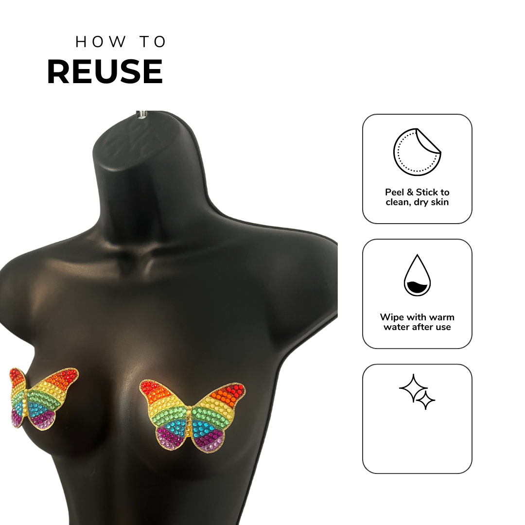 RAINBOW BRIGHT - Glitter and Gem Butterfly Nipple Pasties Covers (2pcs) for Burlesque, Rave Pride Lingerie and Festivals
