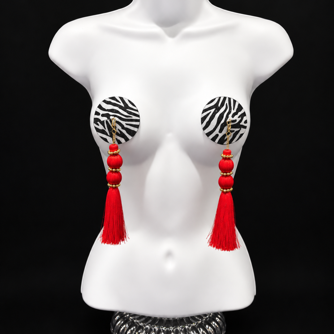 DAZZLE Zebra Glitter Nipple Pasties, Pasty (2pcs) - With Removable Black or Red Tassels Appeeling