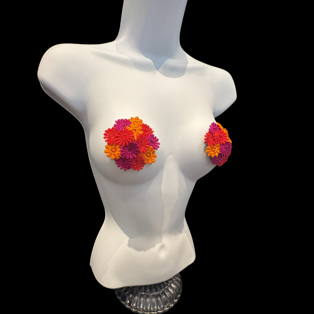 HARVEST BLOOM - Floral Appliqué Nipple Pasties, Pasty (2pcs) Red, Pink and Yellow