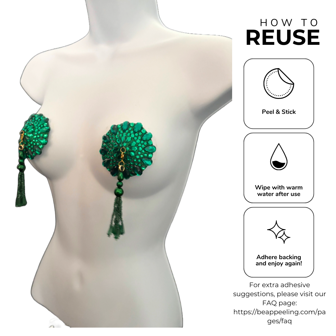 ENVY Green Gems Nipple Pasties, Pasty (2pcs) - With Removable Tassels