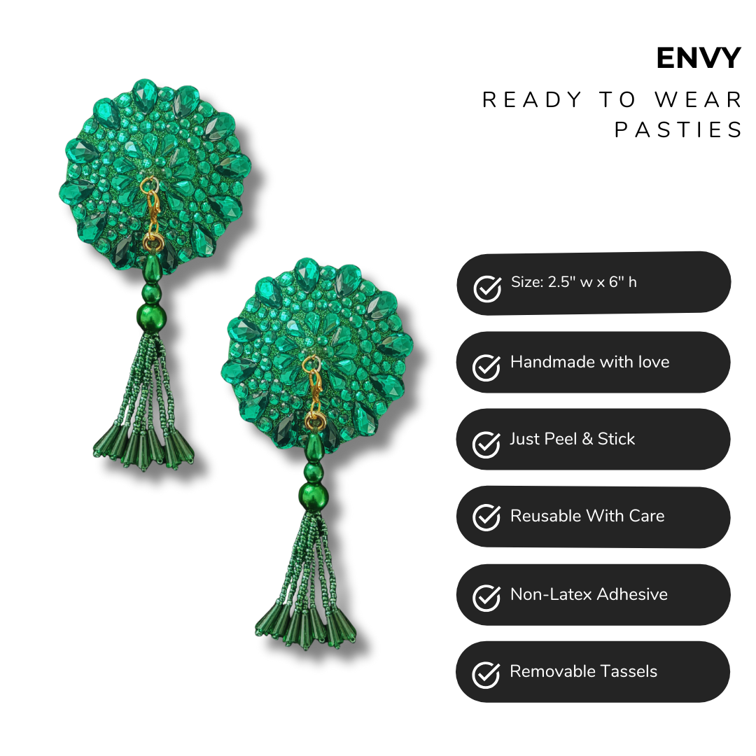 ENVY Green Gems Nipple Pasties, Pasty (2pcs) - With Removable Tassels