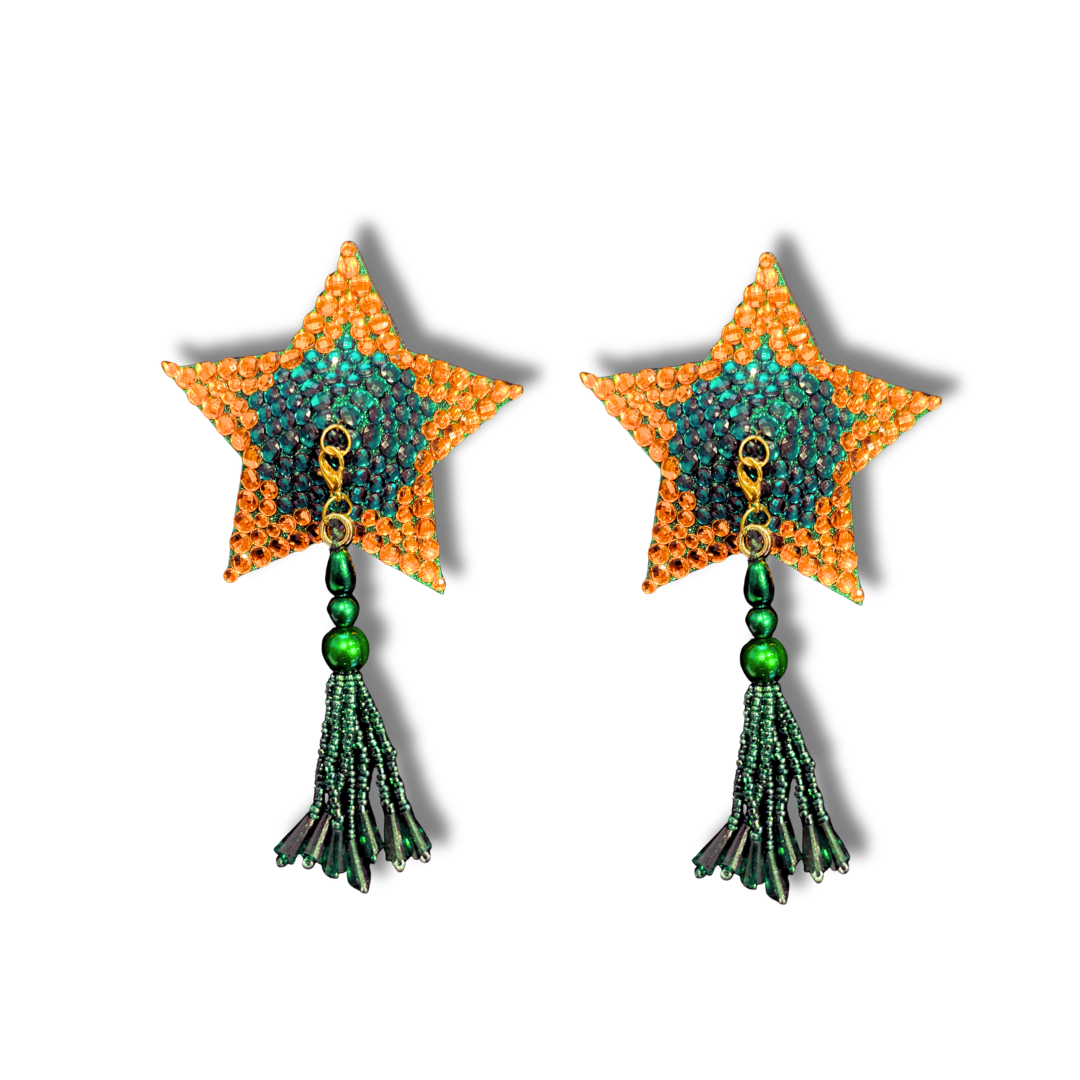 HONEY Green and Orange Star Pasties with Removable Tassels (2pcs)