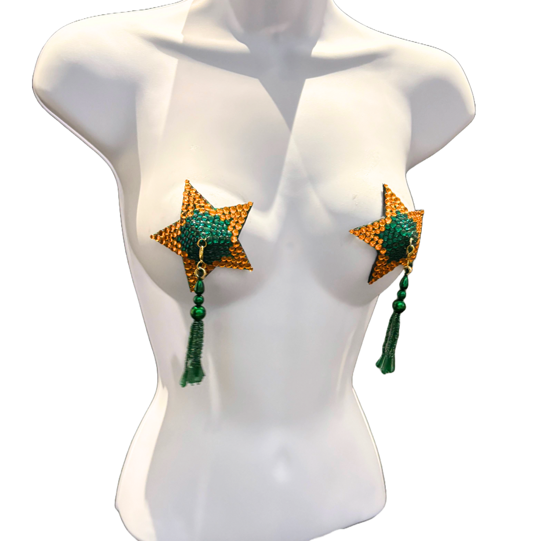 HONEY Green and Orange Star Pasties with Removable Tassels (2pcs)
