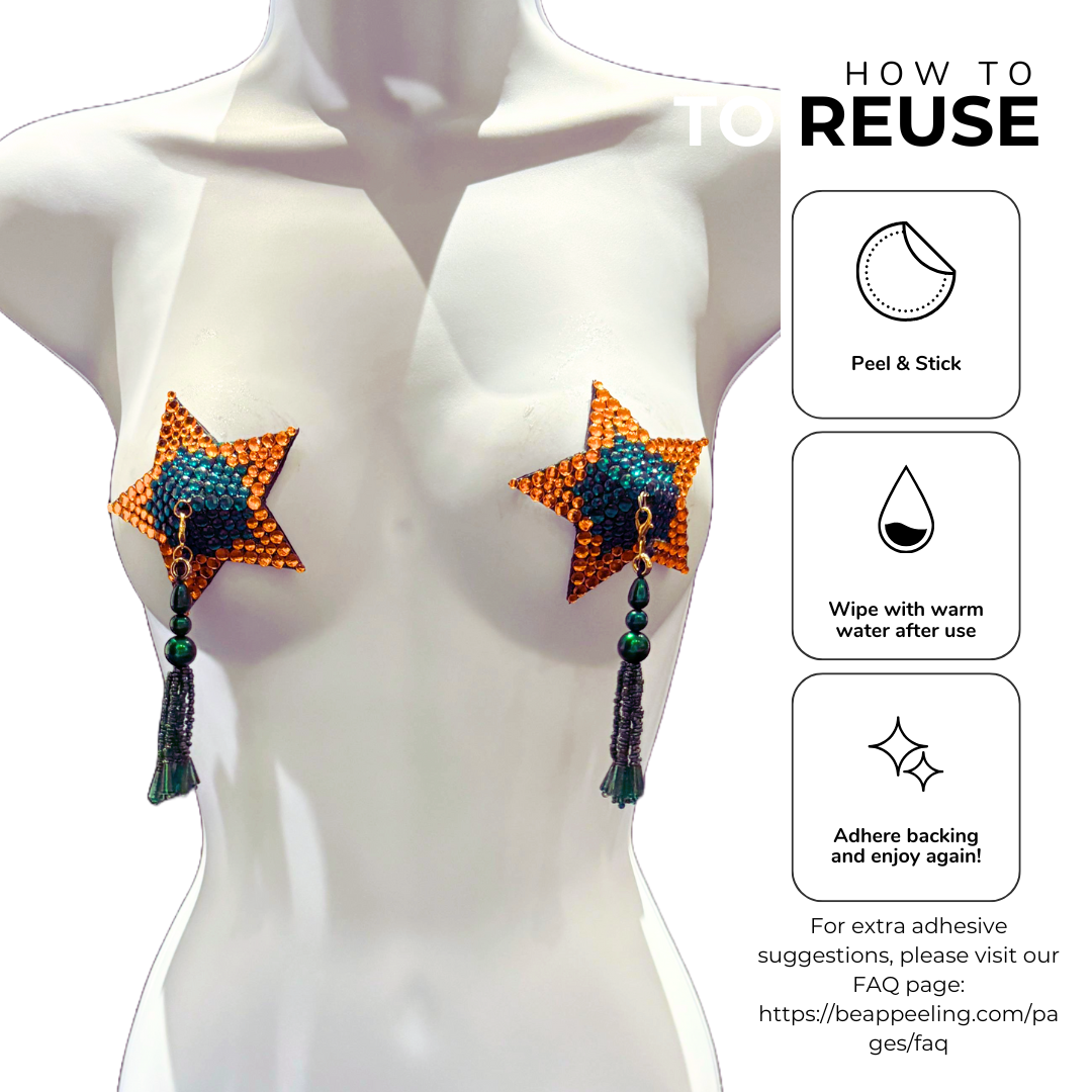 HONEY Green and Orange Star Pasties with Removable Tassels (2pcs)