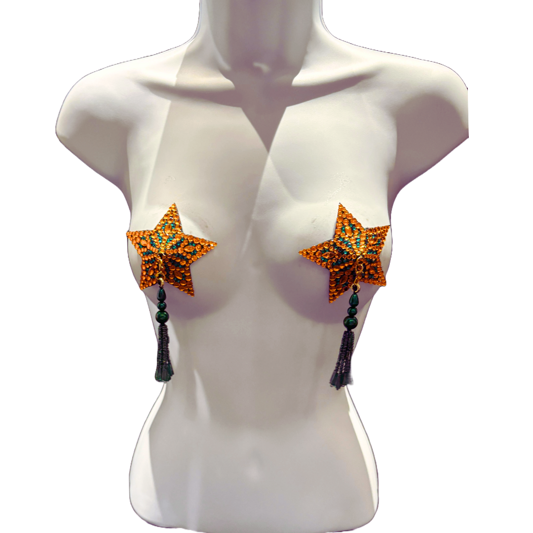 KITTY Green and Orange Star Pasties with Removable Tassels (2pcs)