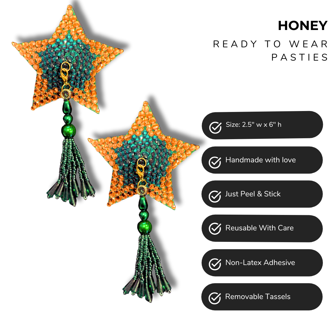 HONEY Green and Orange Star Pasties with Removable Tassels (2pcs)