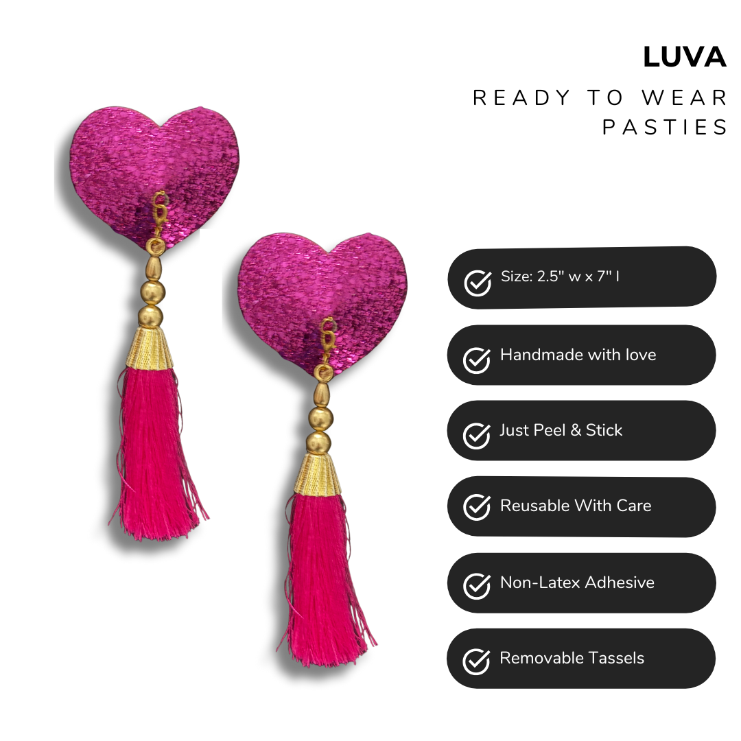 LUVA Hot Pink Heart Glitter Nipple Pasties, Pasty (2pcs) - With Removable Lightweight Tassels