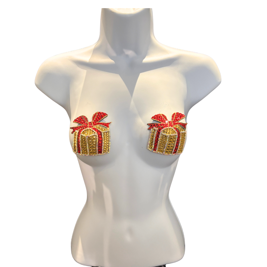 PRESENCE Gold Rhinestone & Gem “Present” Nipple Pasties, Covers (2pcs)