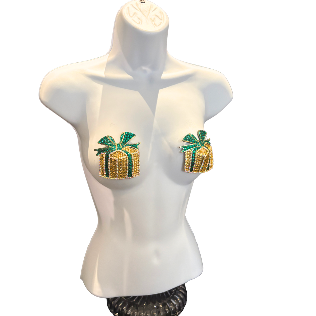 PRESENCE Gold Rhinestone & Gem “Present” Nipple Pasties, Covers (2pcs)