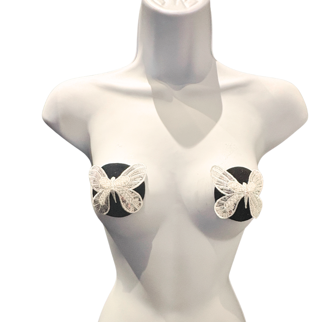 BELLA BUTTERFLY Black Velvet and White Lace Nipple Pasties, Pasty (2pcs) - With Removable Tassels