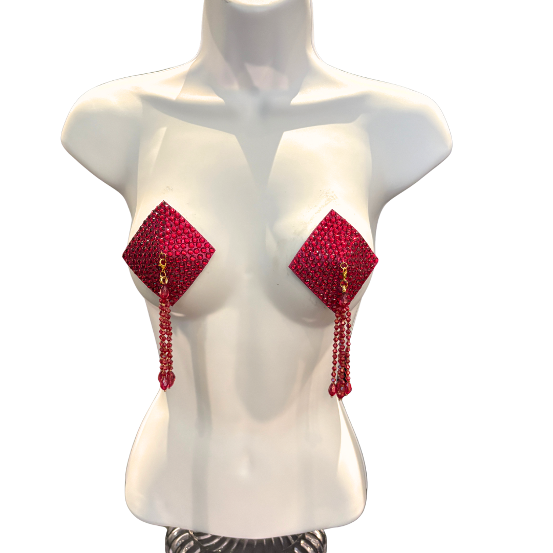 DIAMANTE Gold (5 colours!) Diamond Shape Crystal Pasties, Covers (2 PCS) with Removable Crystal and Tassels