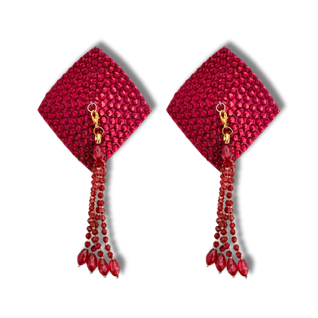 DIAMANTE Black (5 colours!) Diamond Shape Crystal Pasties, Covers (2 PCS) with Removable Crystal and Tassels