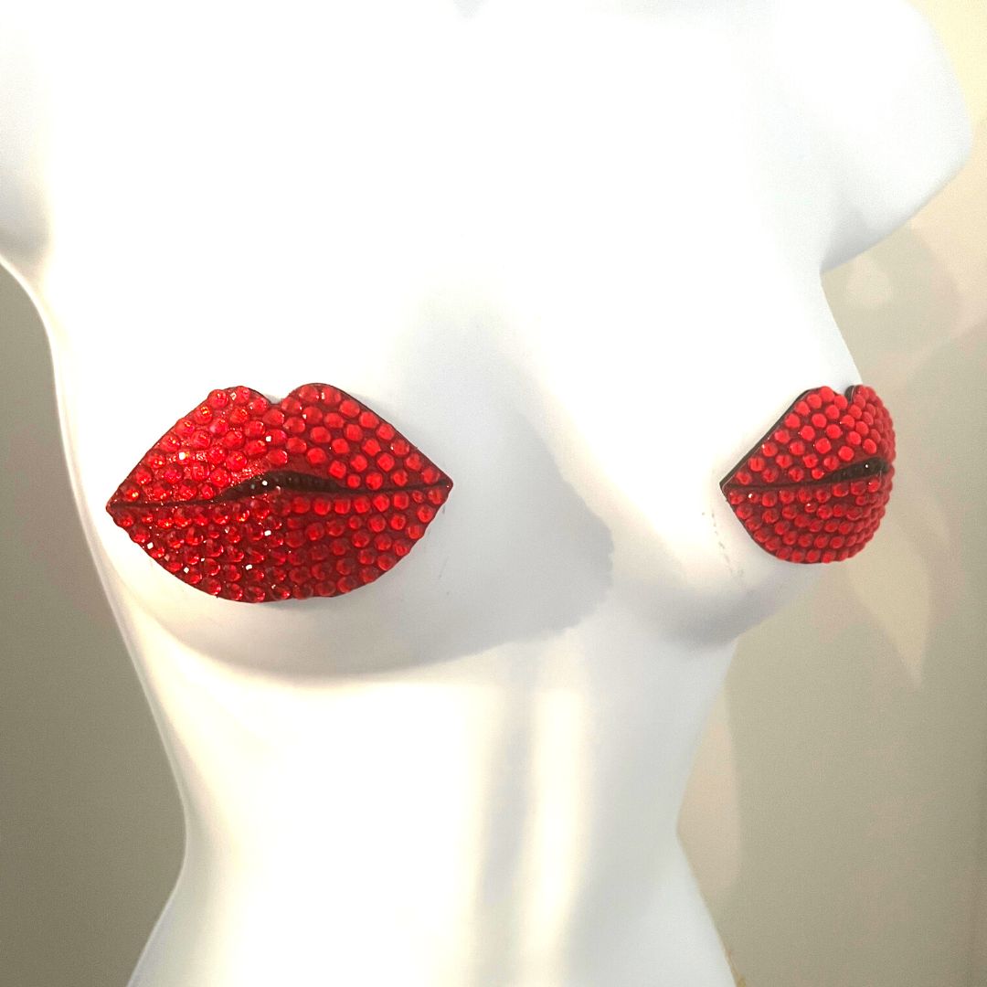 HOT LIPS Red Glitter Lips Nipple Pasties, Covers (2pcs) for Burlesque Lingerie Raves Festivals