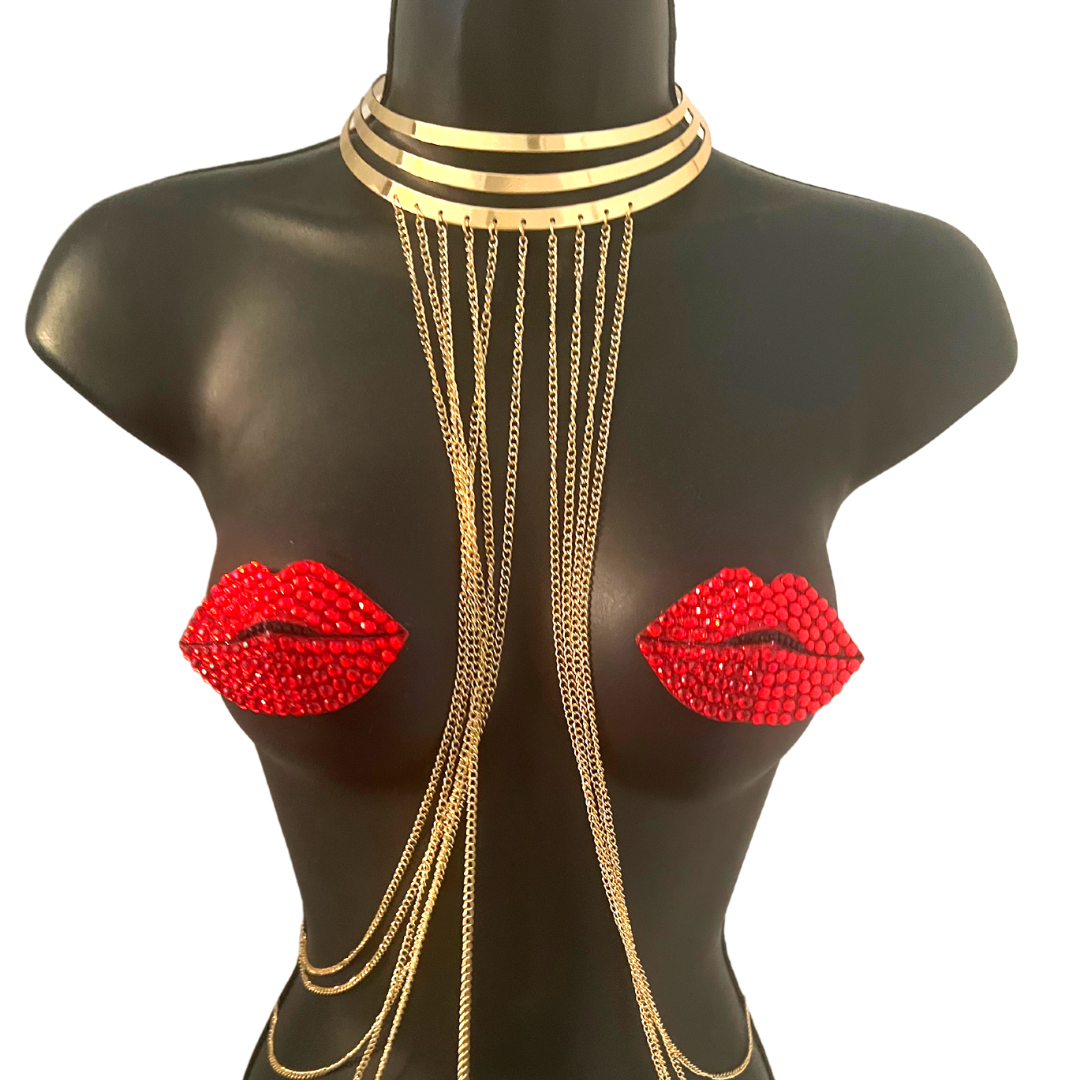 HOT LIPS Red Glitter Lips Nipple Pasties, Covers (2pcs) for Burlesque Lingerie Raves Festivals